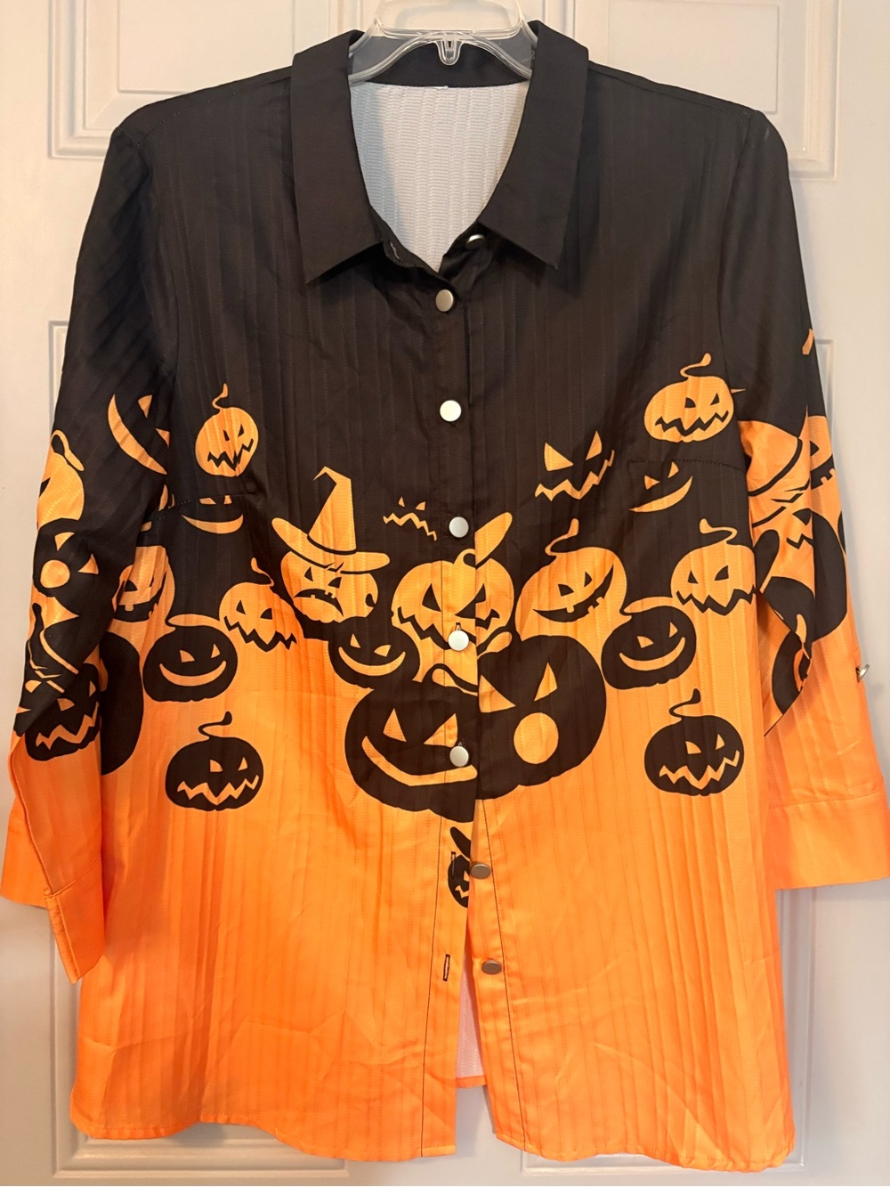 Women's Halloween Button-Down Shirt - Orange & Black Pumpkin Print